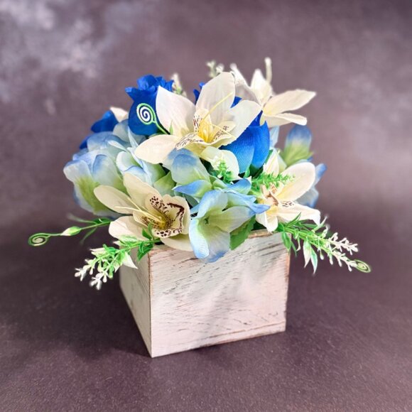 Faux Floral Arrangement in Rustic Wooden Box – Home or Office Decor - Picture 1 of 8